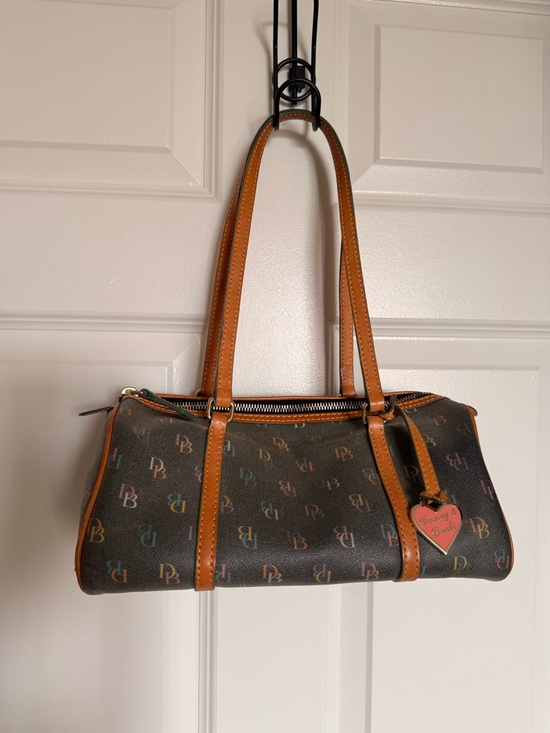 Dooney & Bourke Handbags - Dooney & Bourke Brown Multicolor DB Logo Shoulder Bag with Tan Trim